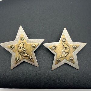 Two tone metal large star and moon pierced earrings celestial astrological